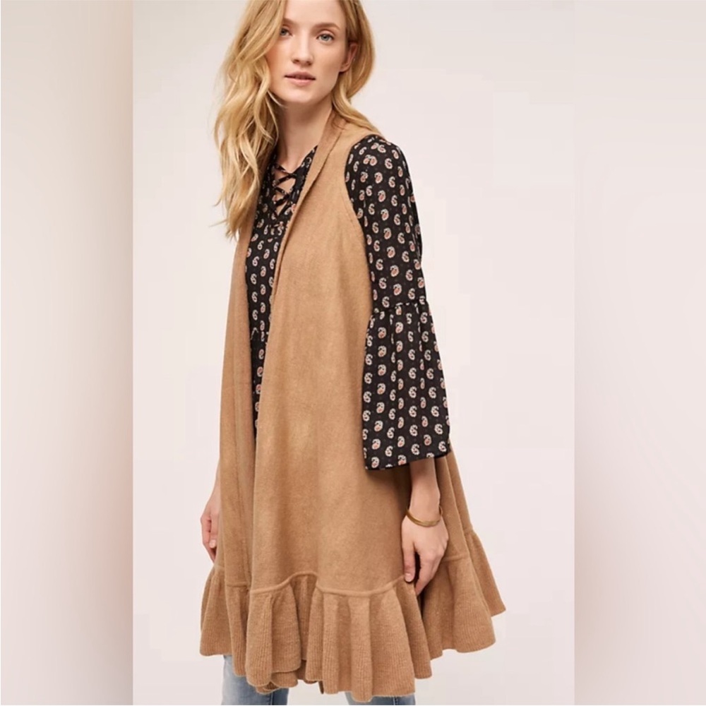 ANTHROPOLOGY EVELYN K Tan Brown Millau Ruffle Sweater Vest